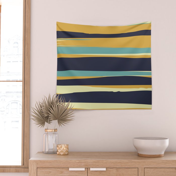 Stripes Abstract, Yellow, Teal, Navy Blue Wall Tapestry Gallery Image 2