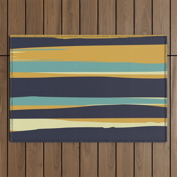 Stripes Abstract, Yellow, Teal, Navy Blue Outdoor Rug Gallery Image 1