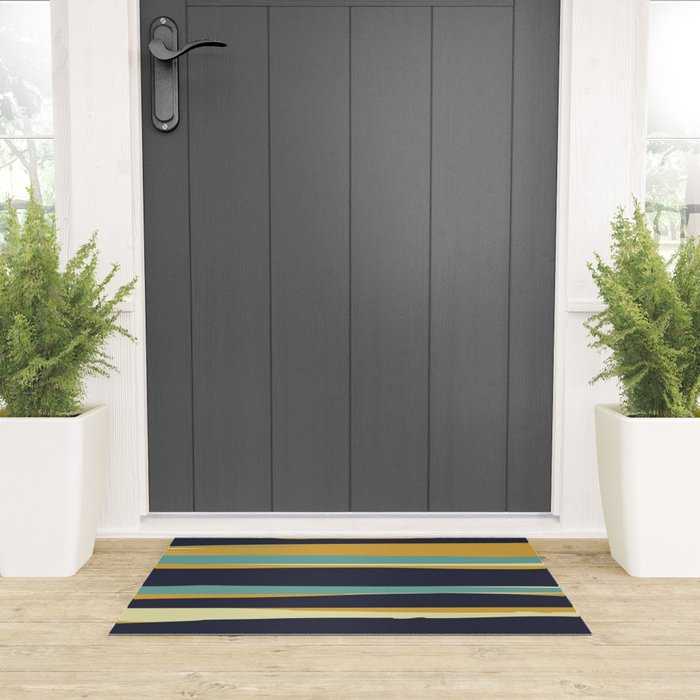 Stripes Abstract, Yellow, Teal, Navy Blue Welcome Mat Gallery Image 3
