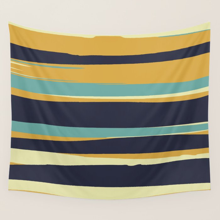 Stripes Abstract, Yellow, Teal, Navy Blue Wall Tapestry Gallery Image 4