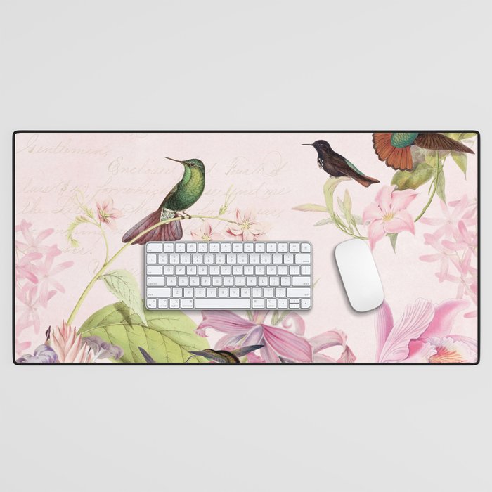 Vintage & Shabby Chic - Blush Tropical Hummingbird Flower Garden Desk Mat Gallery Image 1