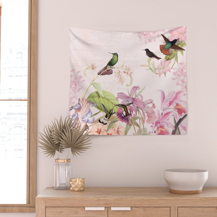 Vintage & Shabby Chic - Blush Tropical Hummingbird Flower Garden Wall Tapestry Gallery Image 2