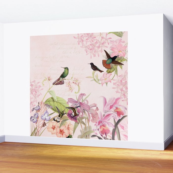 Vintage & Shabby Chic - Blush Tropical Hummingbird Flower Garden Wall Mural Gallery Image 2