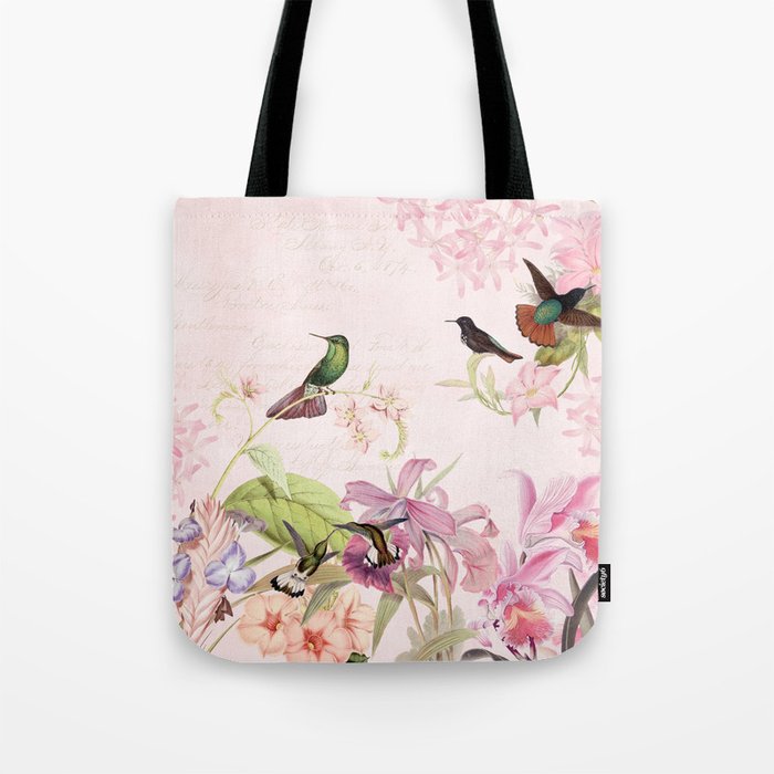 Vintage & Shabby Chic - Blush Tropical Hummingbird Flower Garden Tote Bag Gallery Image 1
