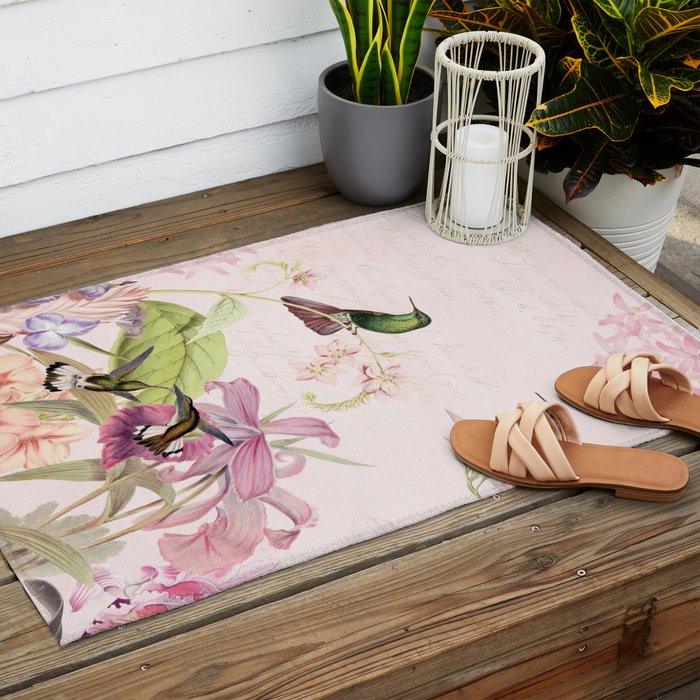 Vintage & Shabby Chic - Blush Tropical Hummingbird Flower Garden Outdoor Rug Gallery Image 2