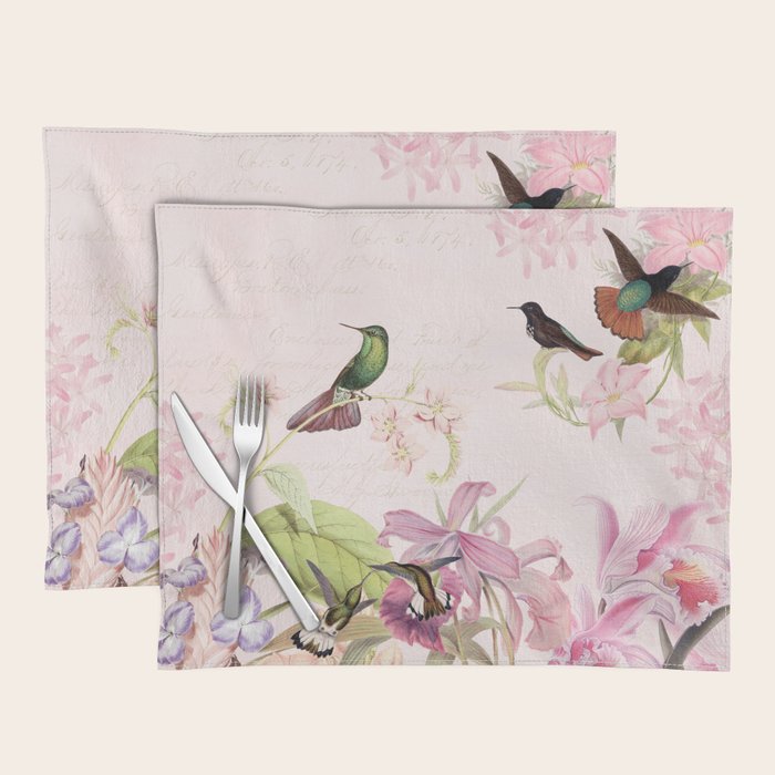Vintage & Shabby Chic - Blush Tropical Hummingbird Flower Garden Placemat Gallery Image 1
