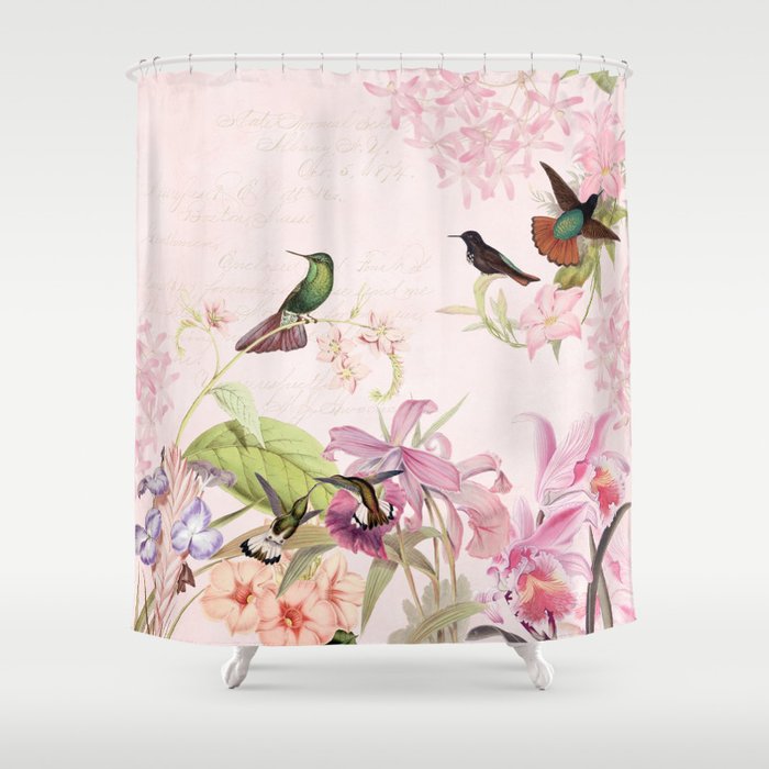 Vintage & Shabby Chic - Blush Tropical Hummingbird Flower Garden Shower Curtain Gallery Image 1
