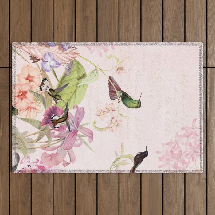Vintage & Shabby Chic - Blush Tropical Hummingbird Flower Garden Outdoor Rug Gallery Image 1