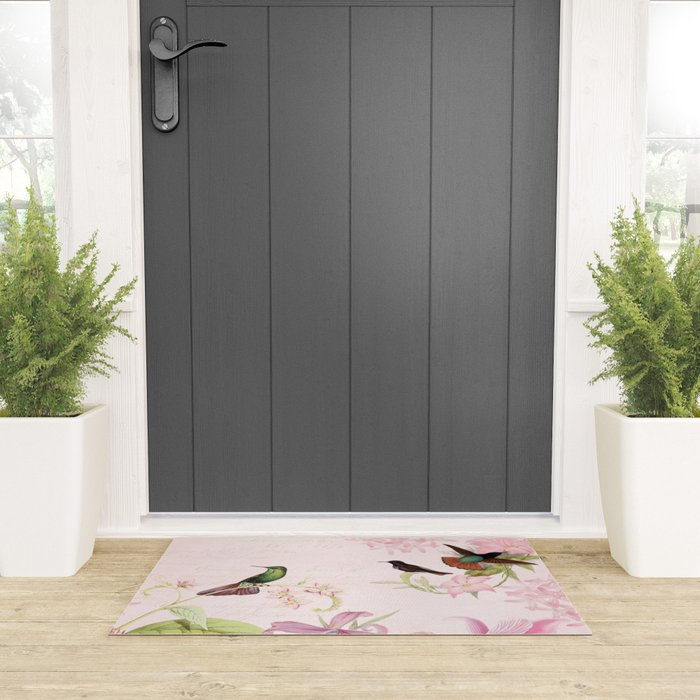 Vintage & Shabby Chic - Blush Tropical Hummingbird Flower Garden Welcome Mat Gallery Image 3