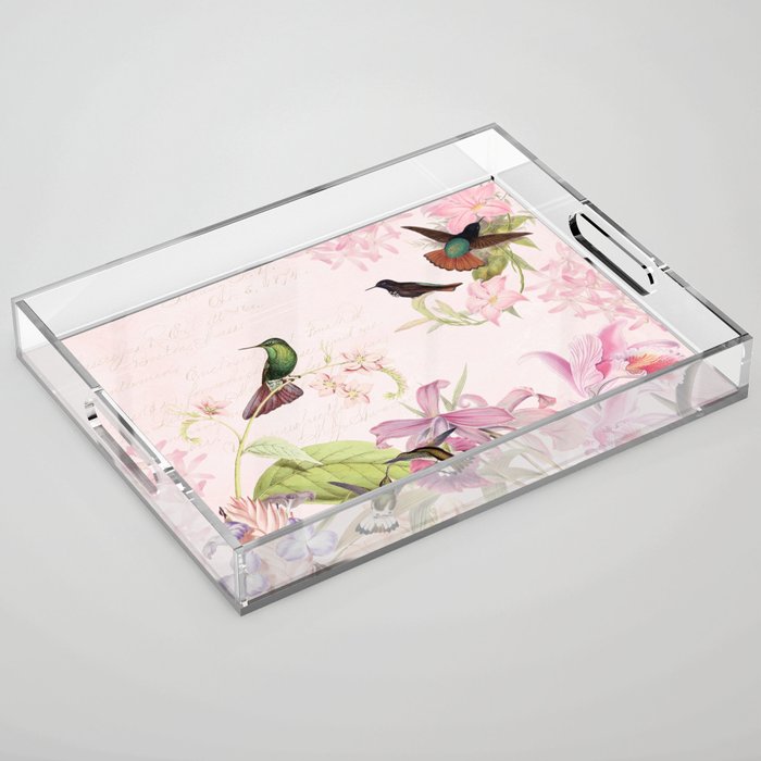 Vintage & Shabby Chic - Blush Tropical Hummingbird Flower Garden Acrylic Tray Gallery Image 1