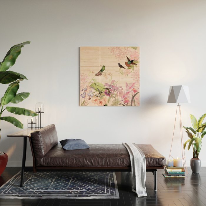 Vintage & Shabby Chic - Blush Tropical Hummingbird Flower Garden Wood Wall Art Gallery Image 2