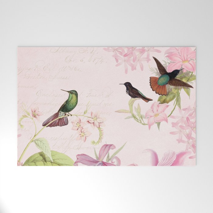 Vintage & Shabby Chic - Blush Tropical Hummingbird Flower Garden Welcome Mat Gallery Image 1