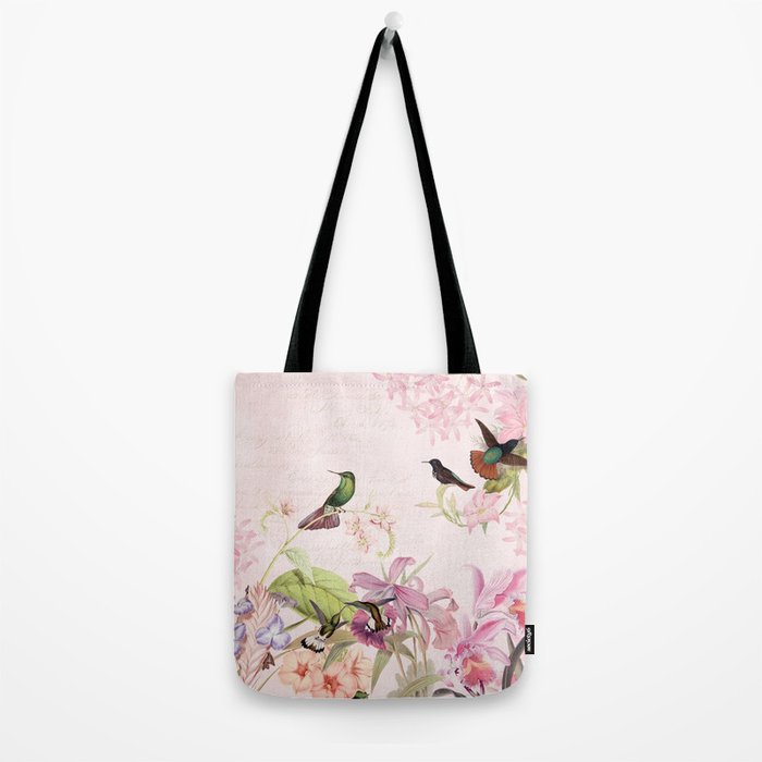 Vintage & Shabby Chic - Blush Tropical Hummingbird Flower Garden Tote Bag Gallery Image 2
