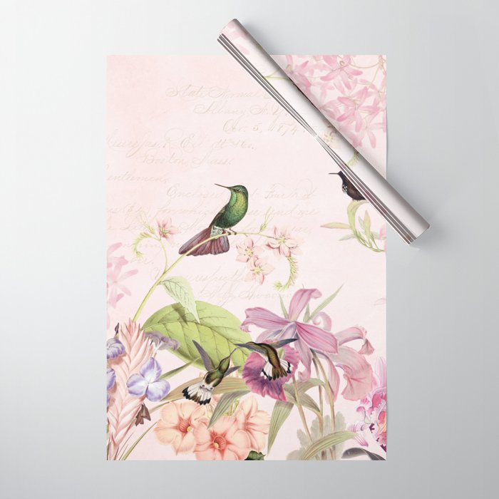 Vintage & Shabby Chic - Blush Tropical Hummingbird Flower Garden Wrapping Paper Gallery Image 1