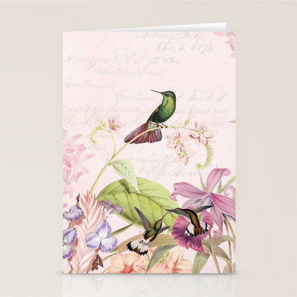 Vintage & Shabby Chic - Blush Tropical Hummingbird Flower Garden Stationery Card Gallery Image 1