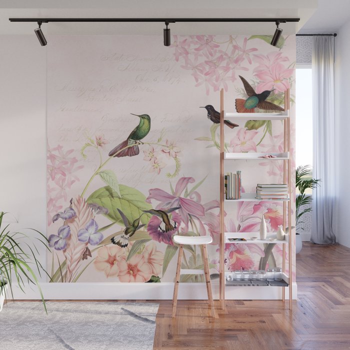 Vintage & Shabby Chic - Blush Tropical Hummingbird Flower Garden Wall Mural Gallery Image 1