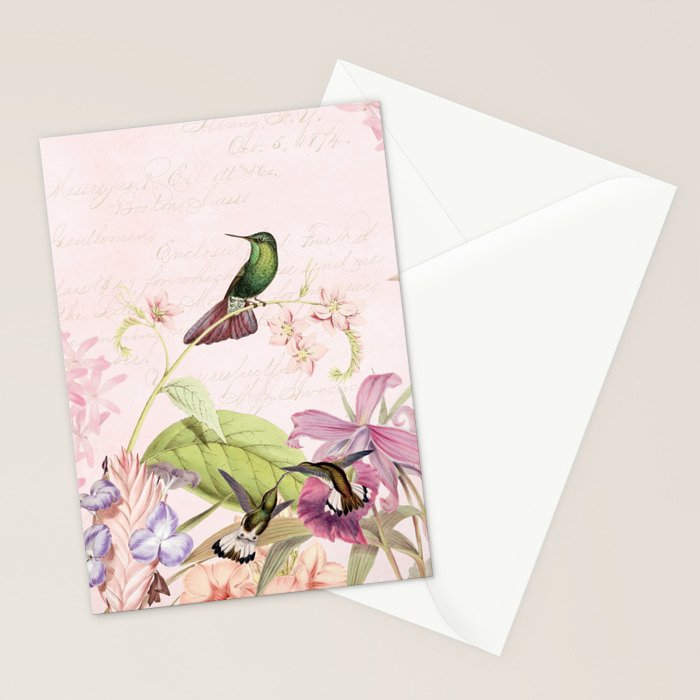 Vintage & Shabby Chic - Blush Tropical Hummingbird Flower Garden Stationery Card Gallery Image 2