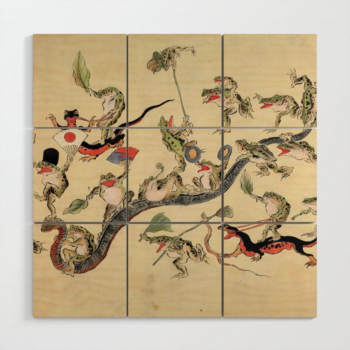 Kawanabe Kyosai. Frogs triumphing over snakes Wood Wall Art Gallery Image 1