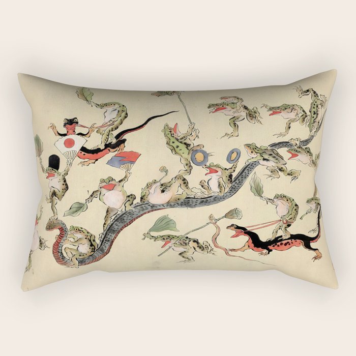 Kawanabe Kyosai. Frogs triumphing over snakes Rectangular Pillow Gallery Image 1