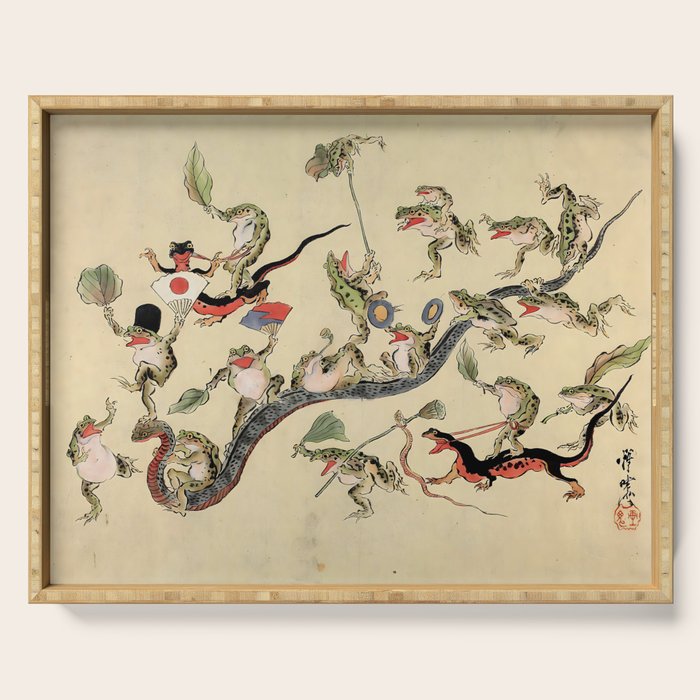 Kawanabe Kyosai. Frogs triumphing over snakes Serving Tray Gallery Image 1