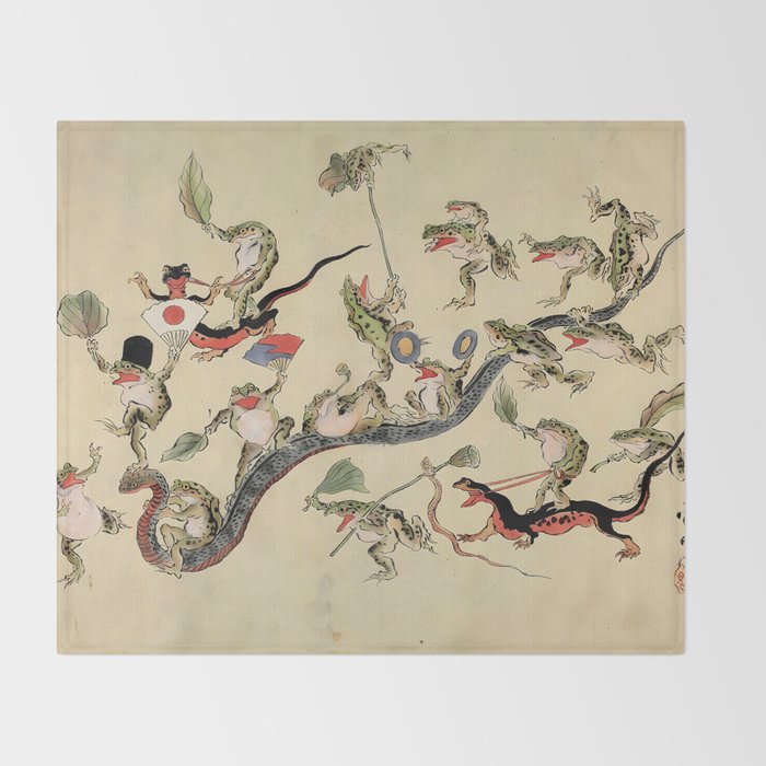 Kawanabe Kyosai. Frogs triumphing over snakes Throw Blanket Gallery Image 2