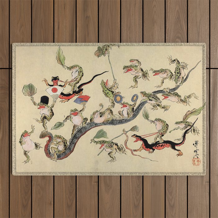 Kawanabe Kyosai. Frogs triumphing over snakes Outdoor Rug Gallery Image 1