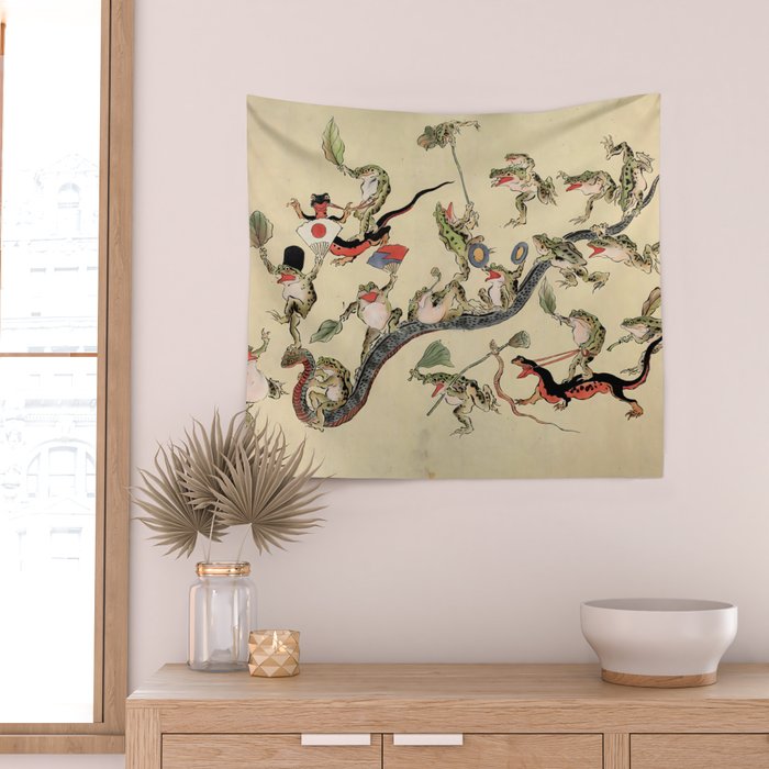 Kawanabe Kyosai. Frogs triumphing over snakes Wall Tapestry Gallery Image 2