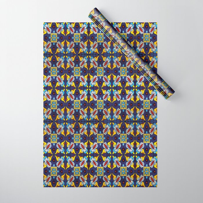 Abstract blue cruz mexican modern talavera tile wall Wrapping Paper Gallery Image 1