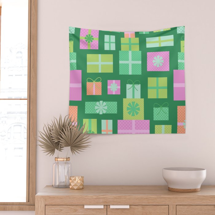 Retro Christmas Presents - Multi on Green Wall Tapestry Gallery Image 2