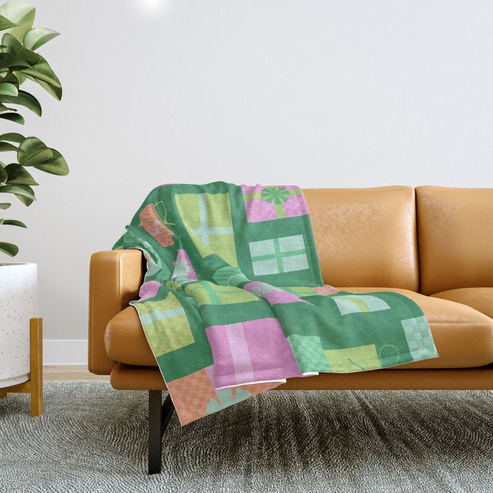 Retro Christmas Presents - Multi on Green Throw Blanket Gallery Image 1