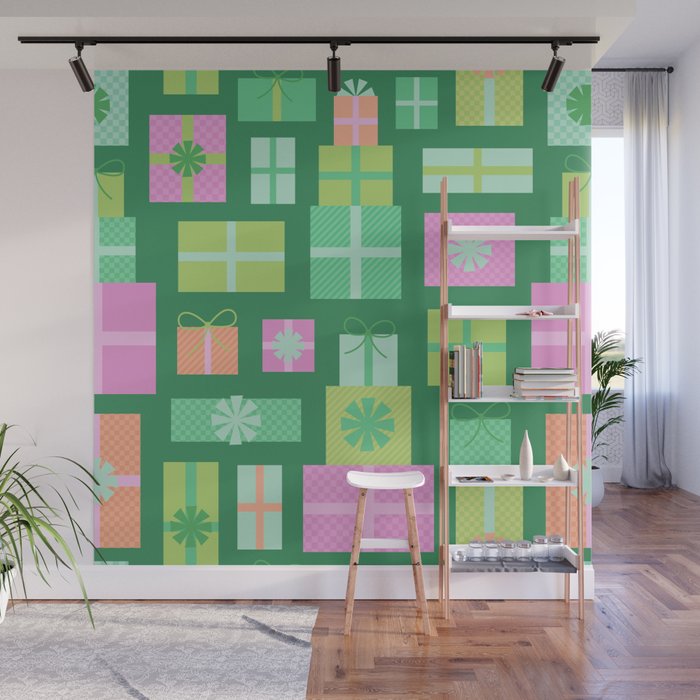Retro Christmas Presents - Multi on Green Wall Mural Gallery Image 1