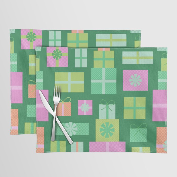 Retro Christmas Presents - Multi on Green Placemat Gallery Image 1