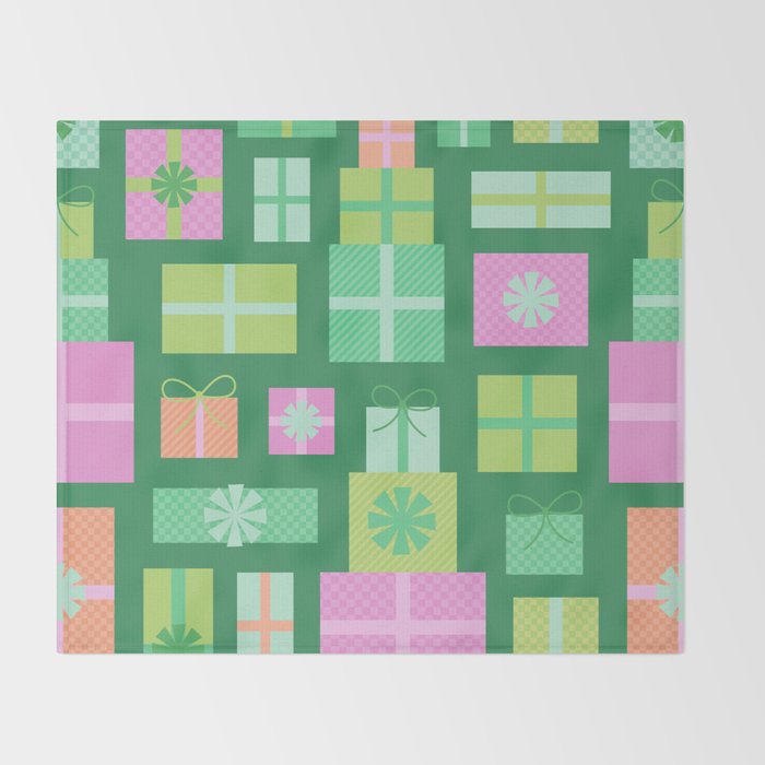 Retro Christmas Presents - Multi on Green Throw Blanket Gallery Image 2
