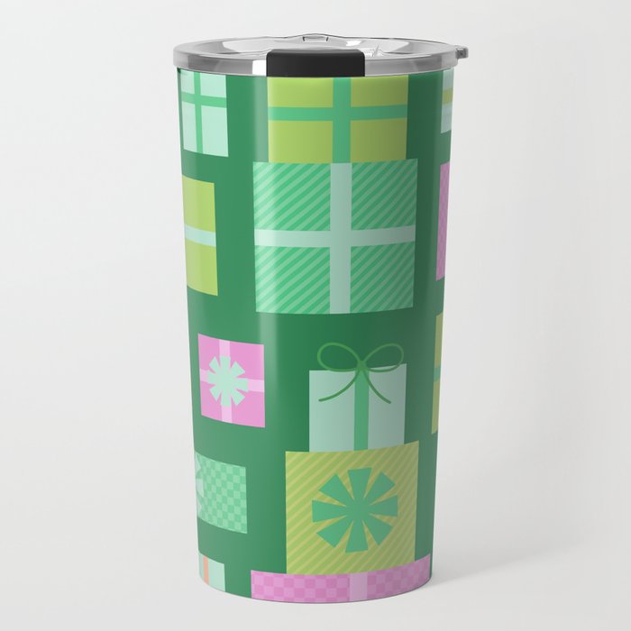 Retro Christmas Presents - Multi on Green Travel Mug Gallery Image 1
