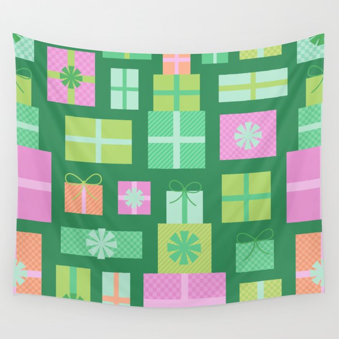 Retro Christmas Presents - Multi on Green Wall Tapestry Gallery Image 1