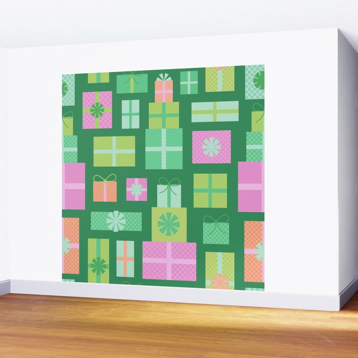 Retro Christmas Presents - Multi on Green Wall Mural Gallery Image 2