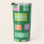 Retro Christmas Presents - Multi on Green Travel Mug Gallery Image 3