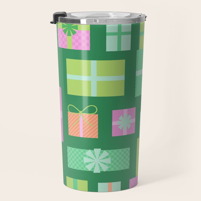 Retro Christmas Presents - Multi on Green Travel Mug Gallery Image 3