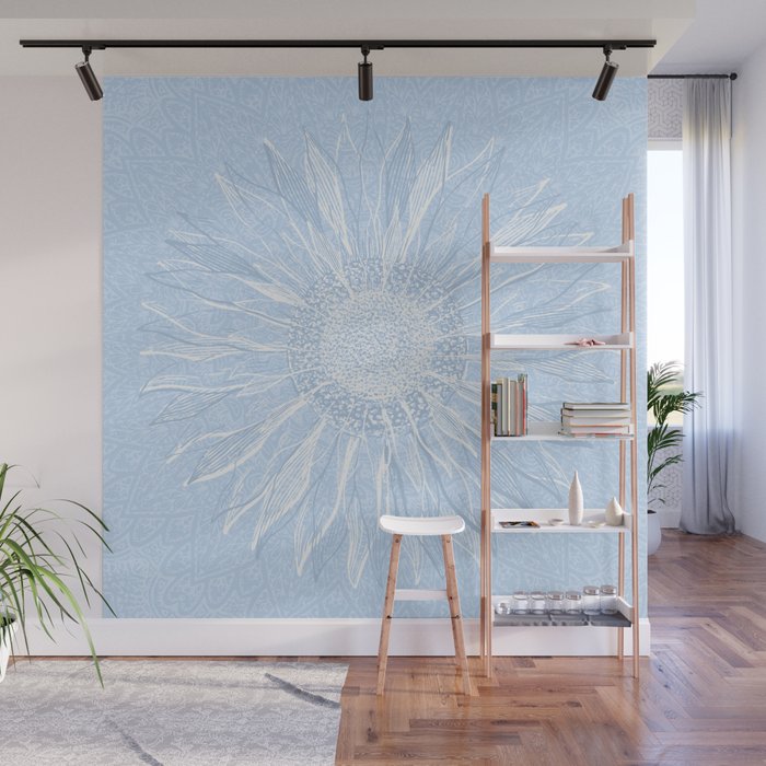 Festive, Winter, Mandala, Snowflake, Sky Blue Wall Mural Gallery Image 1