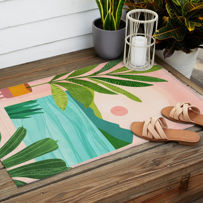 Vacation Views - Pink Coastal Landscape Outdoor Rug Gallery Image 2