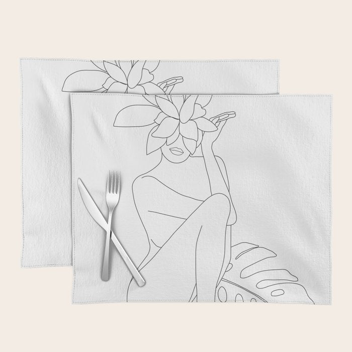 Minimal Line Art Woman with Tropical Leaves Placemat Gallery Image 1