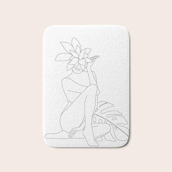 Minimal Line Art Woman with Tropical Leaves Bath Mat Gallery Image 1