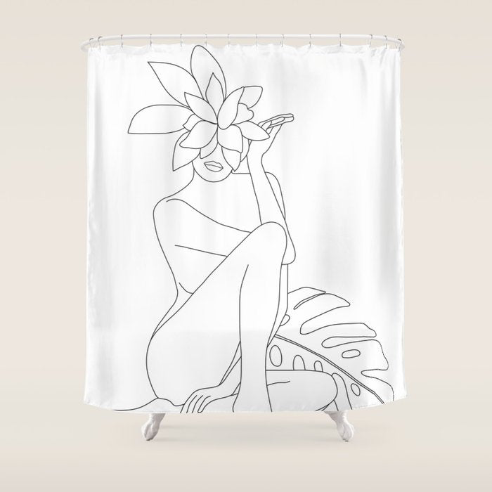 Minimal Line Art Woman with Tropical Leaves Shower Curtain Gallery Image 1
