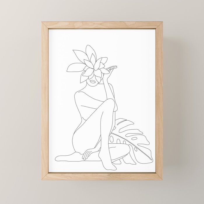 Minimal Line Art Woman with Tropical Leaves Mini Art Print Gallery Image 1