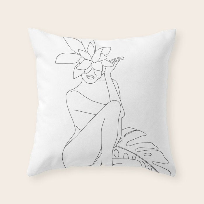 Minimal Line Art Woman with Tropical Leaves Throw Pillow Gallery Image 6