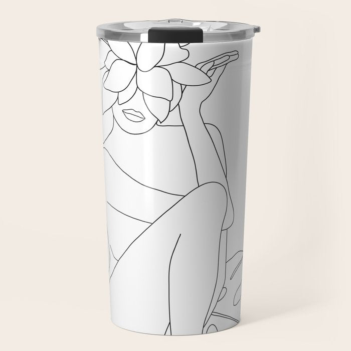 Minimal Line Art Woman with Tropical Leaves Travel Mug Gallery Image 1