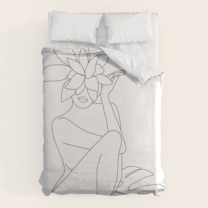 Minimal Line Art Woman with Tropical Leaves Duvet Cover Gallery Image 1