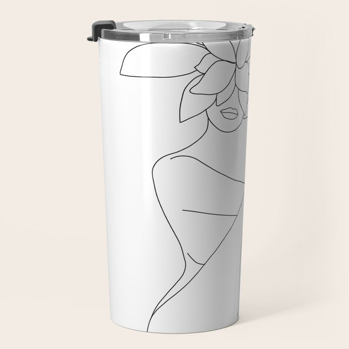 Minimal Line Art Woman with Tropical Leaves Travel Mug Gallery Image 3