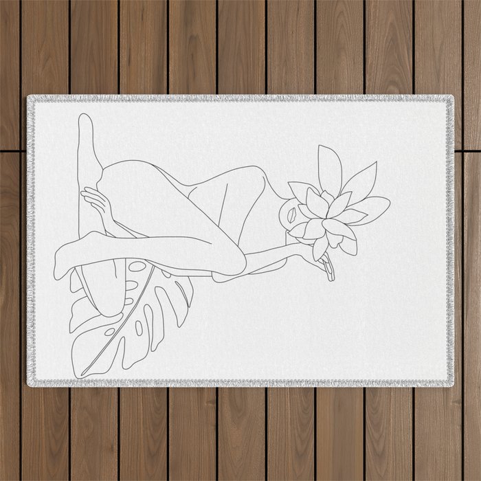 Minimal Line Art Woman with Tropical Leaves Outdoor Rug Gallery Image 1