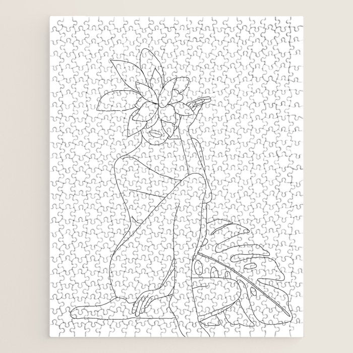 Minimal Line Art Woman with Tropical Leaves Jigsaw Puzzle Gallery Image 1